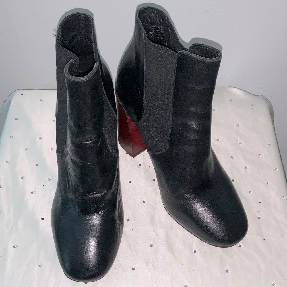 Women's Black Leather Ankle Boots with 4” Block Heel